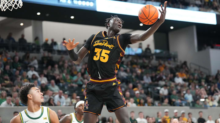 Feb 21, 2026; Waco, Texas, USA; Arizona State Sun Devils center Massamba Diop (35) grabs a rebound against the Baylor Bears during the first half at Paul and Alejandra Foster Pavilion. Mandatory Credit: Chris Jones-Imagn Images
