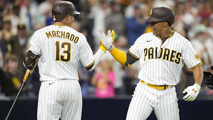 Aug 20, 2022; San Diego, California, USA;  San Diego Padres right fielder Juan Soto (22) greets