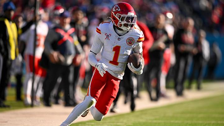 Dec 21, 2025; Nashville, Tennessee, USA;  Kansas City Chiefs wide receiver Xavier Worthy (1) runs with the ball after a made catch against the Tennessee Titans during the second half at Nissan Stadium. Mandatory Credit: Steve Roberts-Imagn Images