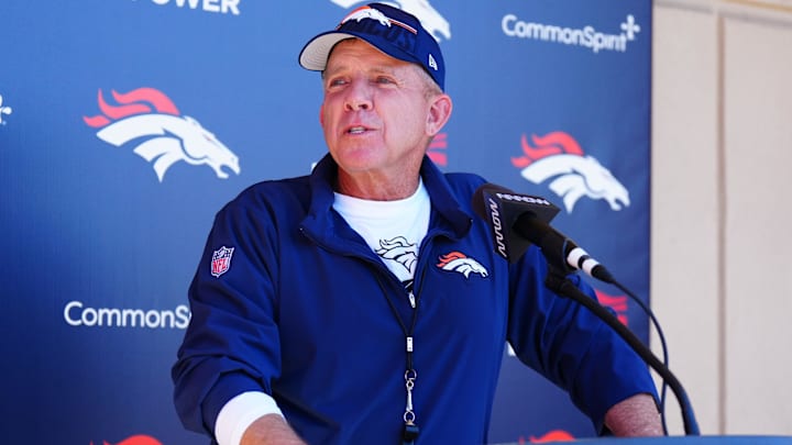 May 10, 2025; Englewood, CO, USA; Denver Broncos head coach Sean Payton speaks to the media following rookie minicamp at Broncos Park Powered by CommonSpirit. 