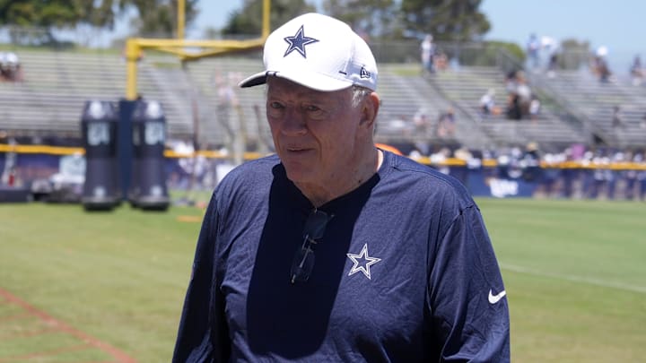 Jul 27, 2023; Oxnard, CA, USA; Dallas Cowboys owner Jerry Jones during training camp at Marriott Residence Inn-River Ridge Playing Fields. Mandatory Credit: Kirby Lee-Imagn Images