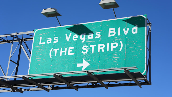 Nov 26, 2023; Paradise, Nevada, USA; A Las Vegas Blvd. and the strip sign. Mandatory Credit: Kirby Lee-Imagn Images