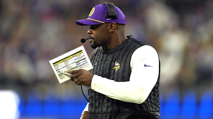Oct 24, 2024; Inglewood, California, USA; Minnesota Vikings defensive coordinator Brian Flores watches from the sidelines against the Los Angeles Rams in the first half at SoFi Stadium. Oct 24, 2024; Inglewood, California, USA; Minnesota Vikings defensive coordinator Brian Flores watches from the sidelines against the Los Angeles Rams in the first half at SoFi Stadium.