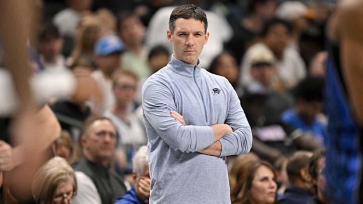 Mar 1, 2026; Dallas, Texas, USA; Oklahoma City Thunder head coach Mark Daigneault looks on during the second quarter against the Dallas Mavericks at the American Airlines Center. Mandatory Credit: Jerome Miron-Imagn Images