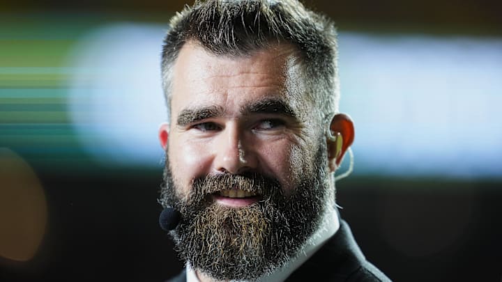 Nov 4, 2024; Kansas City, Missouri, USA; Broadcaster Jason Kelce prior to a game between the Tampa Bay Buccaneers and the Kansas City Chiefs at GEHA Field at Arrowhead Stadium. Mandatory Credit: Jay Biggerstaff-Imagn Images