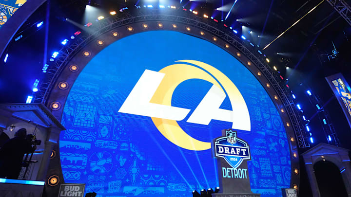 Apr 25, 2024; Detroit, MI, USA; A Los Angeles Rams logo. Mandatory Credit: Kirby Lee-Imagn Images