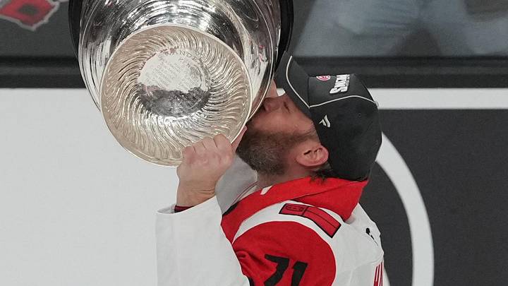 Jun 14, 2026; Las Vegas, Nevada, USA;  Carolina Hurricanes left wing Taylor Hall (71) celebrates with the Stanley Cup after the win against the Vegas Golden Knights in game six of the 2026 Stanley Cup Final at T-Mobile Arena. Mandatory Credit: Lucas Peltier-Imagn Images