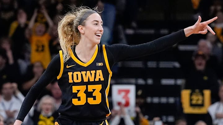 Iowa Hawkeyes guard Lucy Olsen (33) reacts after a made Hawkeye three-point basket during a Big Ten women’s basketball game against the USC Trojans Sunday, Feb. 2, 2025 at Carver-Hawkeye Arena in Iowa City, Iowa.