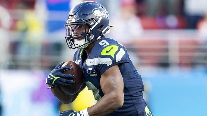 Feb 8, 2026; Santa Clara, CA, USA; Seattle Seahawks running back Kenneth Walker III (9) runs against the New England Patriots during the second quarter in Super Bowl LX at Levi's Stadium. Mandatory Credit: Mark J. Rebilas-Imagn Images