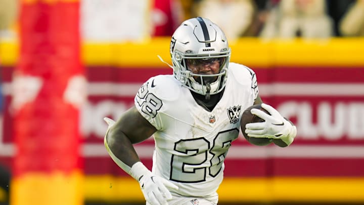 Nov 29, 2024; Kansas City, Missouri, USA; Las Vegas Raiders running back Sincere McCormick (28) during the second half against the Kansas City Chiefs at GEHA Field at Arrowhead Stadium. Mandatory Credit: Jay Biggerstaff-Imagn Images