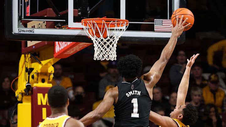 Dec 11, 2022; Minneapolis, Minnesota, USA; Mississippi State Bulldogs forward Tolu Smith (1) blocks