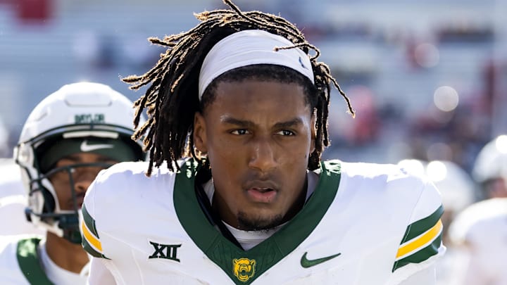 Nov 22, 2025; Tucson, Arizona, USA; Baylor Bears wide receiver Josh Cameron (34) against the Arizona Wildcats at Casino Del Sol Stadium. Mandatory Credit: Mark J. Rebilas-Imagn Images
