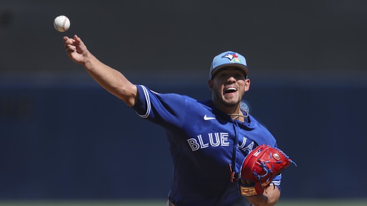 Feb 28, 2026; Tampa, Florida, USA; Toronto Blue Jays starting pitcher Jose Berrios (17) throws a pitch against the New York Yankees in the second inning during spring training at George M. Steinbrenner Field. 