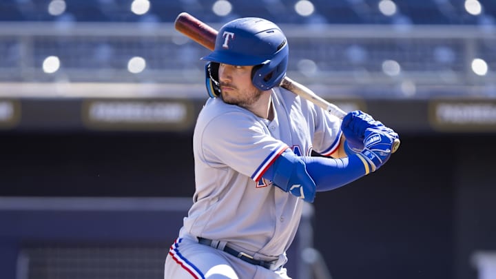 Oct 7, 2022; Peoria, Arizona, USA; Texas Rangers infielder Trevor Hauver (28) plays for the Surprise Saguaros during an Arizona Fall League baseball game at Peoria Sports Complex. 