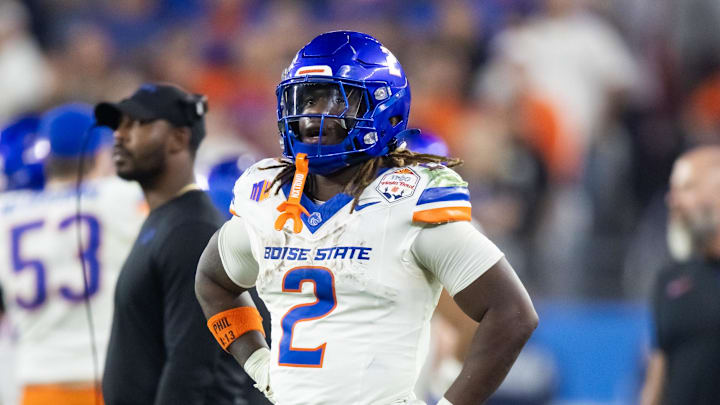 Dec 31, 2024; Glendale, AZ, USA; Boise State Broncos running back Ashton Jeanty (2) against the Penn State Nittany Lions during the Fiesta Bowl at State Farm Stadium. Mandatory Credit: Mark J. Rebilas-Imagn Images