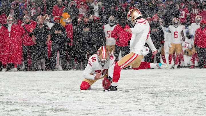 Dec 1, 2024; Orchard Park, New York, USA; San Francisco 49ers place kicker Jake Moody (4) kicks a field goal against the Buffalo Bills during the first half at Highmark Stadium. Mandatory Credit: Gregory Fisher-Imagn Images Dec 1, 2024; Orchard Park, New York, USA; San Francisco 49ers place kicker Jake Moody (4) kicks a field goal against the Buffalo Bills during the first half at Highmark Stadium. Mandatory Credit: Gregory Fisher-Imagn Images