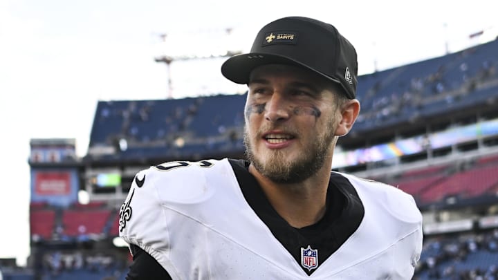 Dec 28, 2025; Nashville, Tennessee, USA;  New Orleans Saints quarterback Tyler Shough (6) celebrates win against the Tennessee Titans after the game at Nissan Stadium. Mandatory Credit: Steve Roberts-Imagn Images
