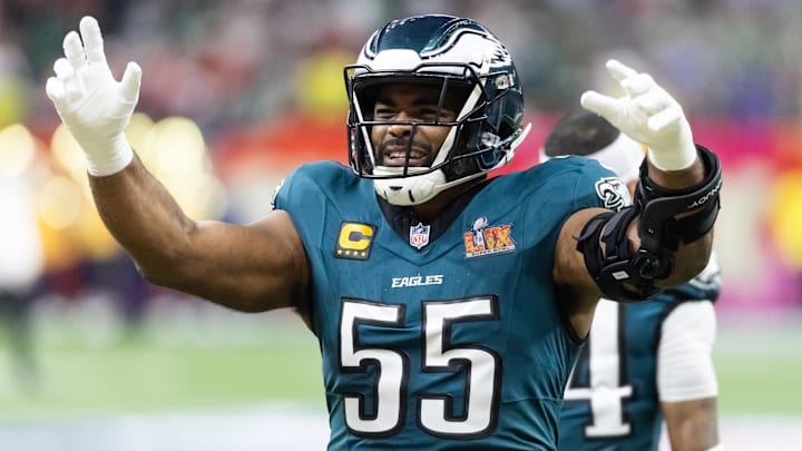Feb 9, 2025; New Orleans, LA, USA; Philadelphia Eagles defensive end Brandon Graham (55) against the Kansas City Chiefs during Super Bowl LIX at Ceasars Superdome. Mandatory Credit: Mark J. Rebilas-Imagn Images