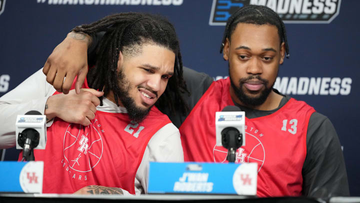Houston players Emanuel Sharp (left) and J'Wan Roberts attend a press conference on March 21, 2025 prior to the Cougars' second-round NCAA Tournament game. Houston players Emanuel Sharp (left) and J'Wan Roberts attend a press conference on March 21, 2025 prior to the Cougars' second-round NCAA Tournament game.