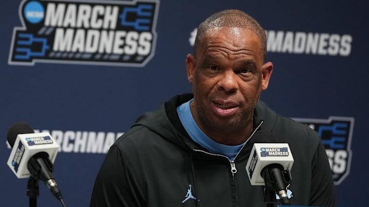 Mar 18, 2026; Greenville, SC, USA; North Carolina Tar Heels head coach Hubert Davis during a press conference ahead of the first round of the men's 2026 NCAA Tournament at Bon Secours Wellness Arena. Mandatory Credit: Bob Donnan-Imagn Images