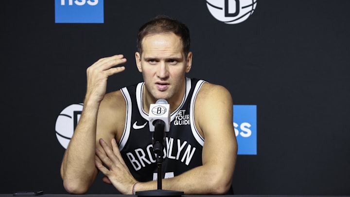 Sep 30, 2024; Brooklyn, NY, USA;  Brooklyn Nets forward Bojan Bogdanovic (44) during media day at Brooklyn Nets Media Day at HSS Training Center. Mandatory Credit: Wendell Cruz-Imagn Images