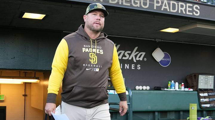 May 20, 2022; San Francisco, California, USA; San Diego Padres bullpen coach Ben Fritz (53) before the game against the San Francisco Giants at Oracle Park. Mandatory Credit: Darren Yamashita-USA TODAY Sports