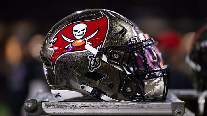 Detailed view of the Tampa Bay Buccaneers helmet against the New Orleans Saints.