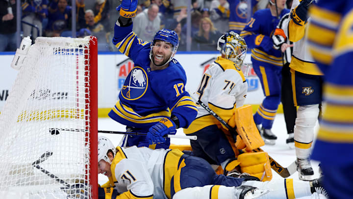 Mar 7, 2026; Buffalo, New York, USA;  Buffalo Sabres left wing Jason Zucker (17) reacts after scoring a goal against the Nashville Predators during the second period at KeyBank Center. Mandatory Credit: Timothy T. Ludwig-Imagn Images
