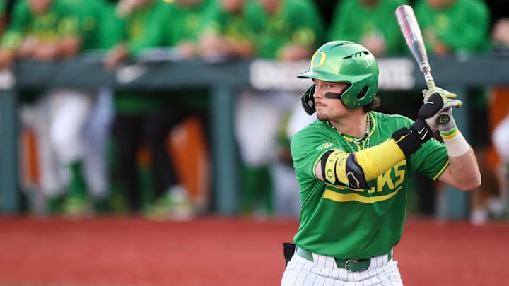 Oregon outfielder Mason Neville (26) prepares to bat during the game against Oregon State on Tuesday, April 29, 2025 at Goss Stadium in Corvallis, Ore.