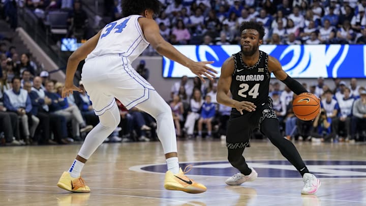 Feb 14, 2026; Provo, Utah, USA; Barrington Hargress (24) of the Colorado Buffaloes controls the ball during the second half against the BYU Cougars at the Marriott Center. Mandatory Credit: Aaron Baker-Imagn Images Feb 14, 2026; Provo, Utah, USA; Barrington Hargress (24) of the Colorado Buffaloes controls the ball during the second half against the BYU Cougars at the Marriott Center. Mandatory Credit: Aaron Baker-Imagn Images