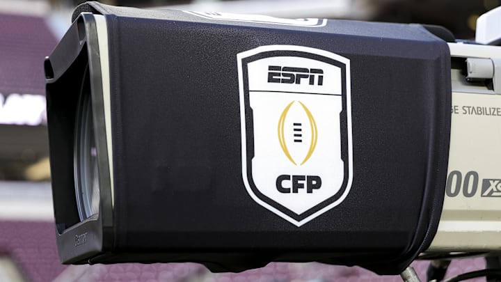 A detailed view of College Football Playoffs logo on a TV camera at Kyle Field prior to the game between the Miami Hurricanes and the Texas A&M