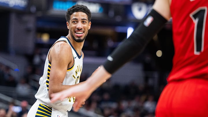 Feb 26, 2025; Indianapolis, Indiana, USA; Indiana Pacers guard Tyrese Haliburton (0) celebrates a made basket in the second half against the Toronto Raptors at Gainbridge Fieldhouse. Mandatory Credit: Trevor Ruszkowski-Imagn Images