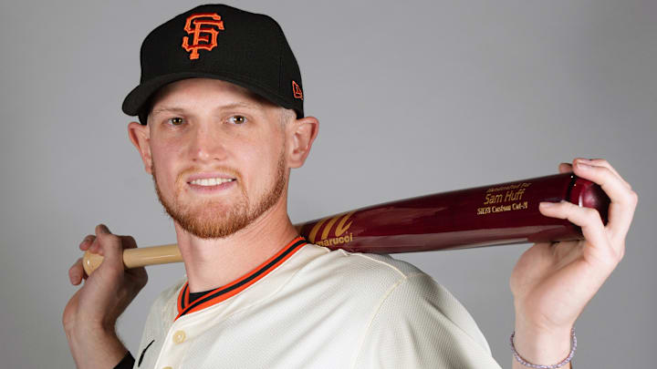 Feb 20, 2025; Scottsdale, AZ, USA; San Francisco Giants catcher Sam Huff (23) poses for photo during media day. Feb 20, 2025; Scottsdale, AZ, USA; San Francisco Giants catcher Sam Huff (23) poses for photo during media day.