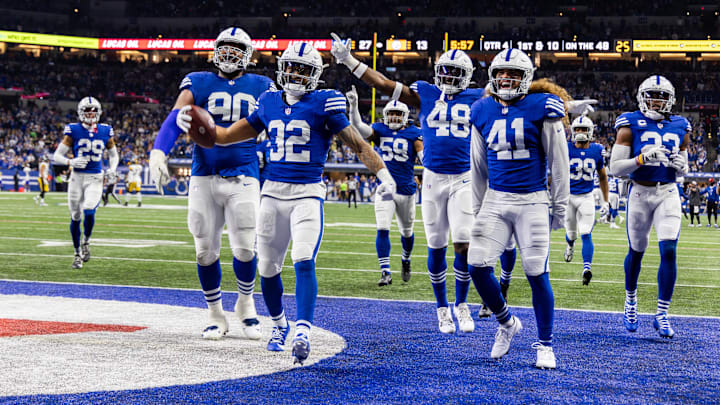 Dec 16, 2023; Indianapolis, Indiana, USA; Indianapolis Colts safety Julian Blackmon (32) celebrates