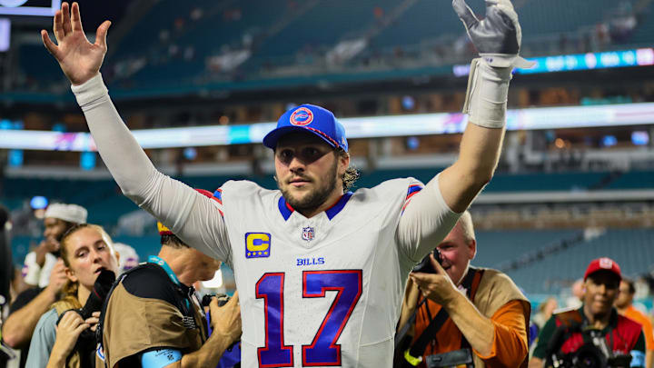Sep 12, 2024; Miami Gardens, Florida, USA; Buffalo Bills quarterback Josh Allen (17) reacts after the game against the Miami Dolphins at Hard Rock Stadium. Mandatory Credit: Sam Navarro-Imagn Images