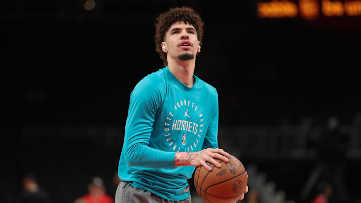 Mar 12, 2025; Atlanta, Georgia, USA; Charlotte Hornets guard LaMelo Ball (1) warms up on the court before the game against the Atlanta Hawks at State Farm Arena. Mandatory Credit: Mady Mertens-Imagn Images