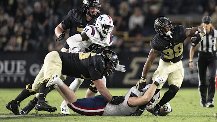Defensive end Jacob Merrifield (50), shown here in a game with Florida Atlantic against Purdue, transferred to USF for this season and will provided needed depth to the defensive line.
