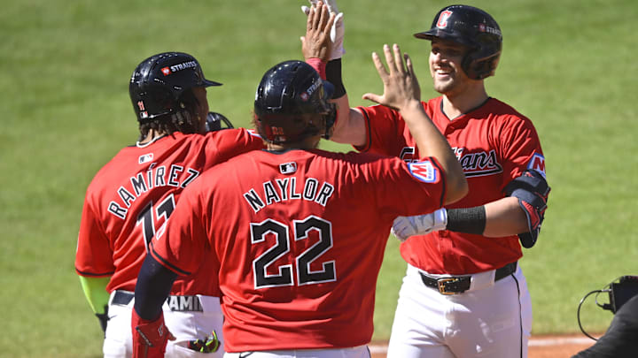 Oct 5, 2024; Cleveland, OH, USA;  Cleveland Guardians outfielder Lane Thomas (8) celebrates with Guardians first baseman Josh Naylor (22) and Guardians third baseman Jose Ramirez (11) after hitting a three-run home run against the Detroit Tigers in the first inning in game one of the ALDS for the 2024 MLB Playoffs at Progressive Field. Mandatory Credit: David Richard-Imagn Images
