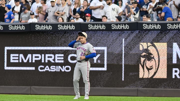 May 16, 2025; Bronx, New York, USA; New York Mets outfielder Juan Soto (22) looks on from right field during the first inning against the New York Yankees at Yankee Stadium. Mandatory Credit: John Jones-Imagn Images