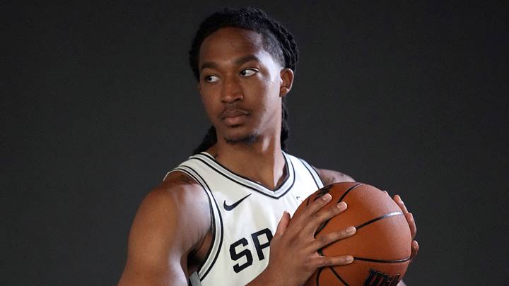 Sep 28, 2026; San Antonio, TX, USA; San Antonio Spurs forward Maliq Brown (15) poses for photos during Media Day at Victory Capital Performance Center in San Antonio, Texas. Sep 28, 2026; San Antonio, TX, USA; San Antonio Spurs forward Maliq Brown (15) poses for photos during Media Day at Victory Capital Performance Center in San Antonio, Texas.