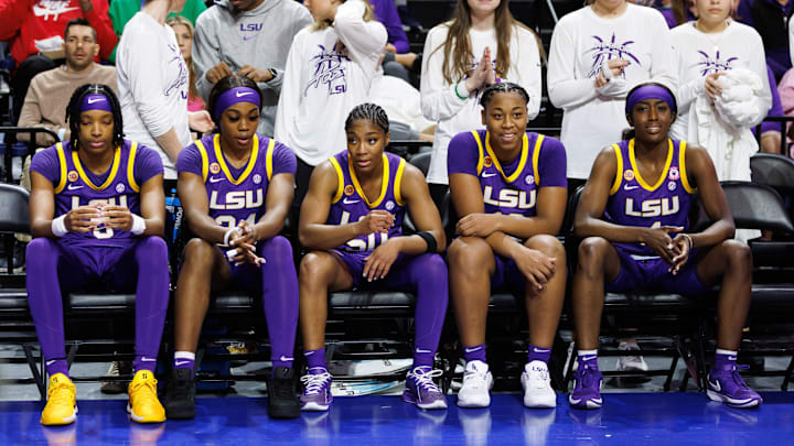 Jan 19, 2025; Gainesville, Florida, USA; LSU Tigers forward Sa'Myah Smith (5), LSU Tigers guard Aneesah Morrow (24), LSU Tigers guard Shayeann Day-Wilson (50), LSU Tigers guard Mikaylah Williams (12) and LSU Tigers guard Flau'Jae Johnson (4) wait to be introduced before a game against the Florida Gators at Exactech Arena at the Stephen C. O'Connell Center. Mandatory Credit: Matt Pendleton-Imagn Images Jan 19, 2025; Gainesville, Florida, USA; LSU Tigers forward Sa'Myah Smith (5), LSU Tigers guard Aneesah Morrow (24), LSU Tigers guard Shayeann Day-Wilson (50), LSU Tigers guard Mikaylah Williams (12) and LSU Tigers guard Flau'Jae Johnson (4) wait to be introduced before a game against the Florida Gators at Exactech Arena at the Stephen C. O'Connell Center. Mandatory Credit: Matt Pendleton-Imagn Images