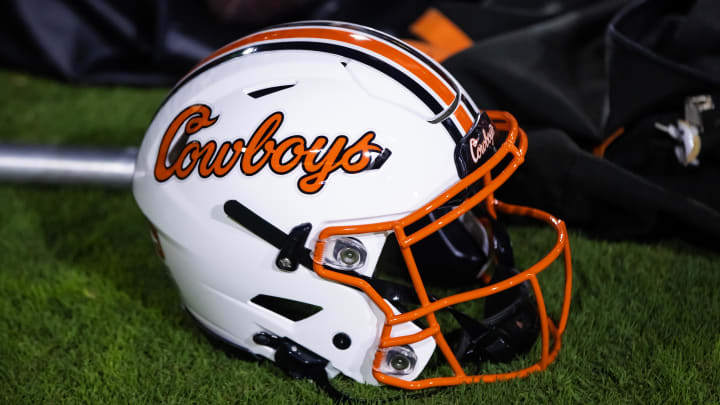 Sep 9, 2023; Tempe, Arizona, USA; Detailed view of an Oklahoma State Cowboys helmet at Mountain America Stadium. Mandatory Credit: Mark J. Rebilas-USA TODAY Sports