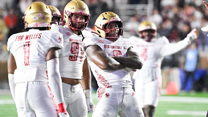 Sep 21, 2024; Chestnut Hill, Massachusetts, USA; Boston College Eagles defensive end Donovan Ezeiruaku (6) reacts to his sack against the Michigan State Spartans during the second half at Alumni Stadium. Mandatory Credit: Eric Canha-Imagn Images
