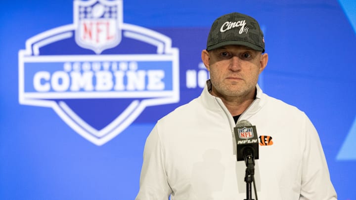 Feb 27, 2024; Indianapolis, IN, USA; Cincinnati Bengals director of player personnel Duke Tobin talks to the media at the 2024 NFL Combine at Indiana Convention Center. Mandatory Credit: Trevor Ruszkowski-Imagn Images