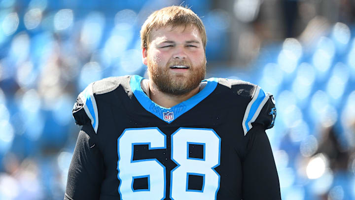 Oct 29, 2023; Charlotte, North Carolina, USA; Carolina Panthers guard Cade Mays (68) during warm up at Bank of America Stadium. Mandatory Credit: Bob Donnan-Imagn Images