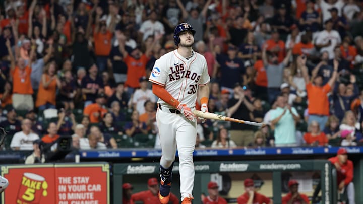 Houston Astros right fielder Kyle Tucker (30) watches his home run against the Los Angeles Angels  in the seventh inning at Minute Maid Park. 