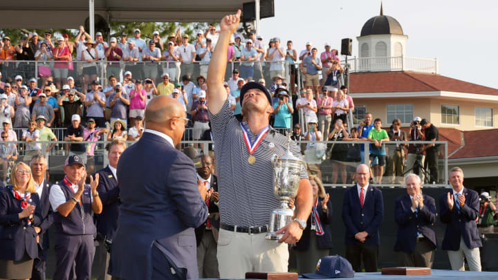 DeChambeau celebrates his triumph Sunday at Pinehurst.