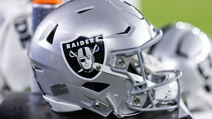 Aug 23, 2025; Glendale, Arizona, USA; Detailed view of a Las Vegas Raiders helmet during a preseason NFL game at State Farm Stadium. Mandatory Credit: Mark J. Rebilas-Imagn Images