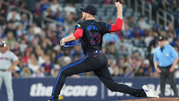May 2, 2025; Toronto, Ontario, CAN; Toronto Blue Jays relief pitcher Jeff Hoffman (23) throws a pitch against the Cleveland Guardians during the ninth inning at Rogers Centre.