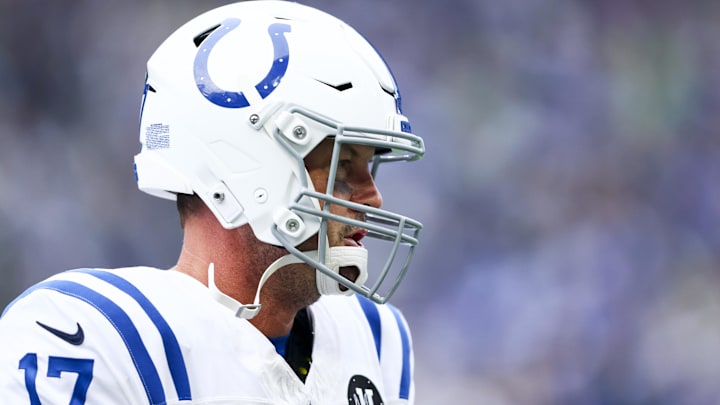 Dec 14, 2025; Seattle, Washington, USA; Indianapolis Colts quarterback Philip Rivers (17) stands on the sideline during the first quarter against the Seattle Seahawks at Lumen Field. Mandatory Credit: Kevin Ng-Imagn Images
